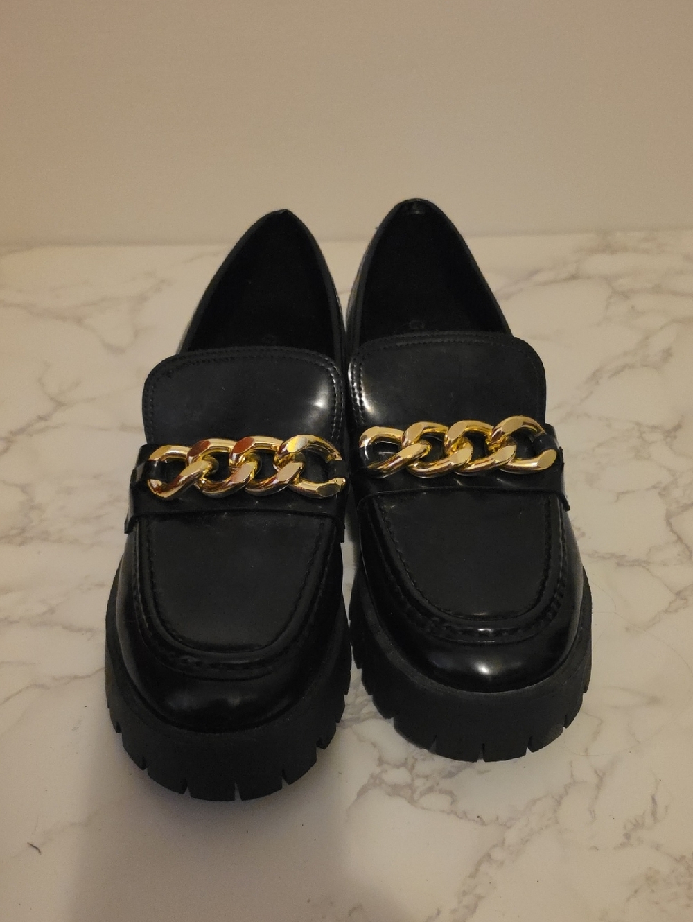 Guess Black Loafers with Gold Chain Detail
